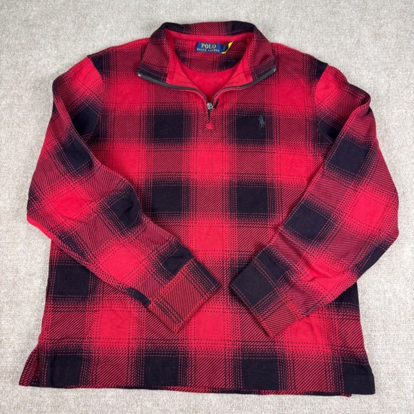 Polo Ralph Lauren Plaid Pullover Quarter Zip Long Sleeve Red Black Small - Picture 2 of 8